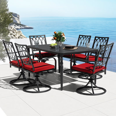 7pcs Metal Patio Dining Set With Umbrella Hole, Swivel Chairs With Cushions