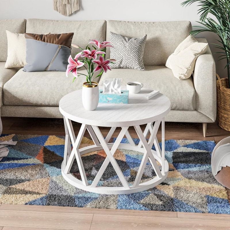  Rustic Farmhouse Round Coffee Table, X-Motifs Legs & Wood Textured Top, White