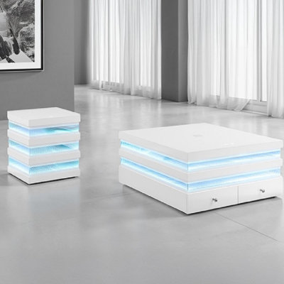 LED Light 1pc End Table Built In Speakers Wireless Charging Port White Finish Living Room Furniutre