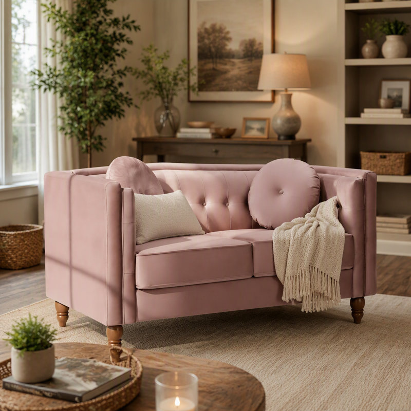 Canapé 2 places Chesterfield, Velours rose
