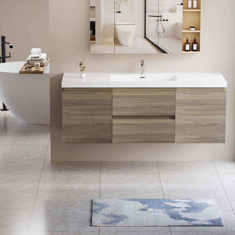 Meuble-lavabo flottant avec lavabo double, 60", Gris cendre