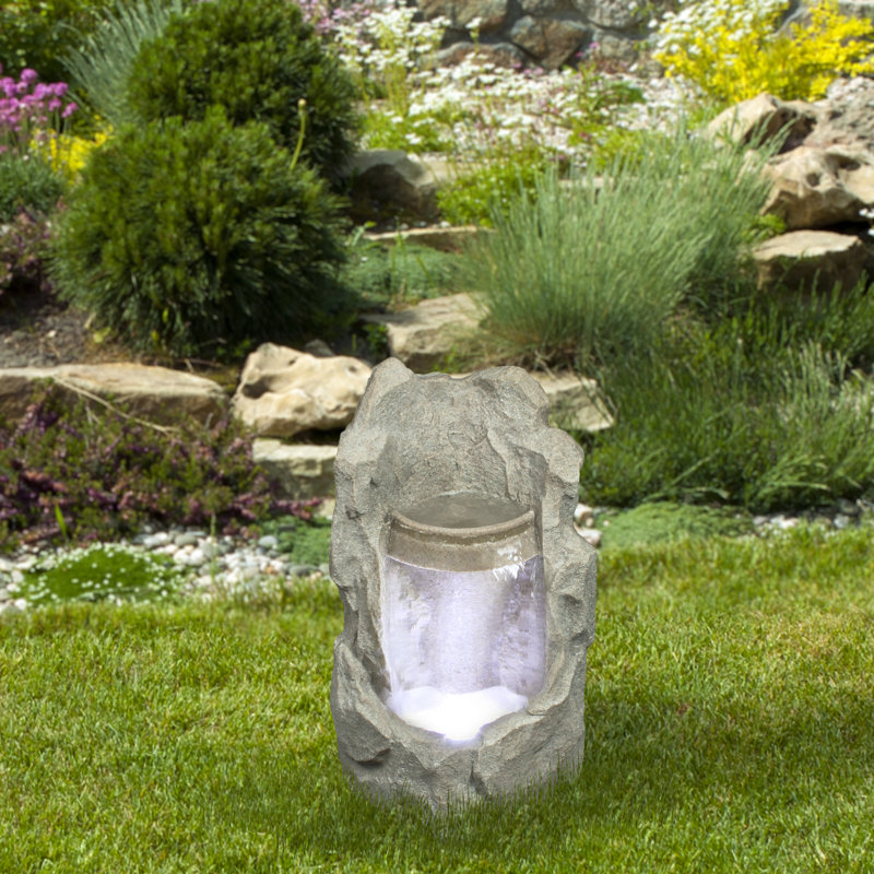 24.5" LED Lighted Gray Raised Stone Basin Outdoor Garden Water Fountain