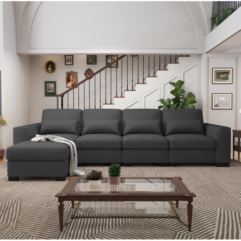 Canapé modulaire rembourré 5 pièces avec repose-pieds, Mélange de lin noir