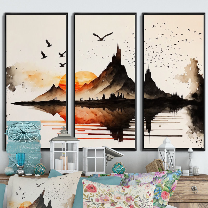 «Epic Red Moon Sunset I», impression sur toile 3 pièces, Toile encadrée noire, H 28 po x l 36 po x P 1 po