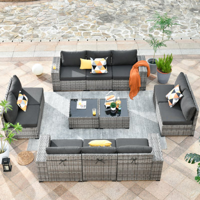 Wood Premium All-Weather Wicker 10 - Person Patio Conversation Set with Cushions