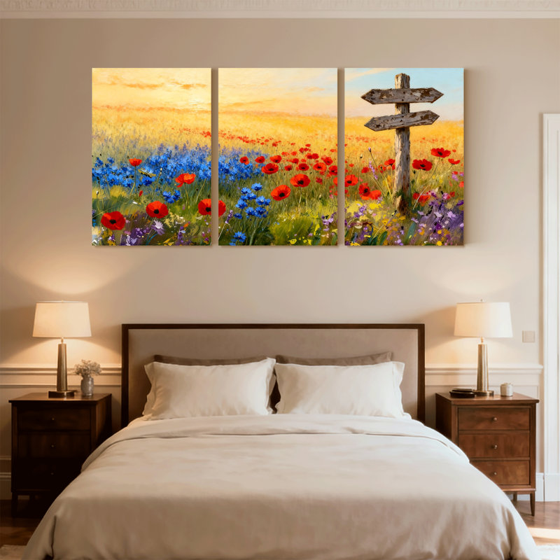 Assortiment de bouquets de fleurs sur fond de champ de fleurs, ensemble de 3 impressions sur toile, H 24 po x l 48 po