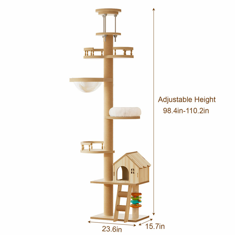 Arbre à chat à hauteur réglable, poteau à griffer, grande aire de jeu moderne en bois pour tour féline 98 - 110 pouces de détente