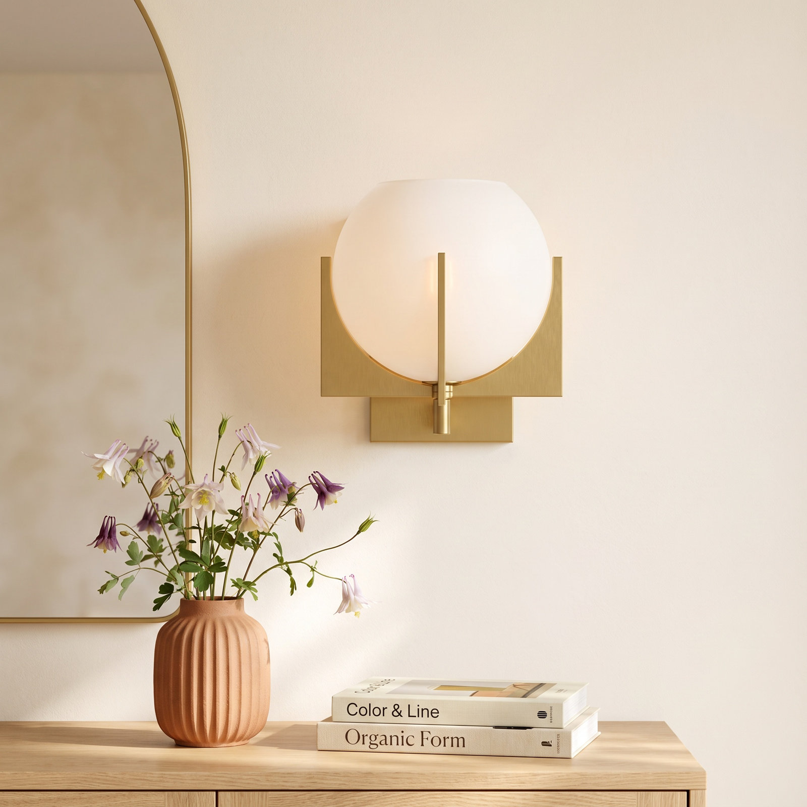 Sadaris Single Light Glass Dimmable Armed Sconce, Burnished Brass