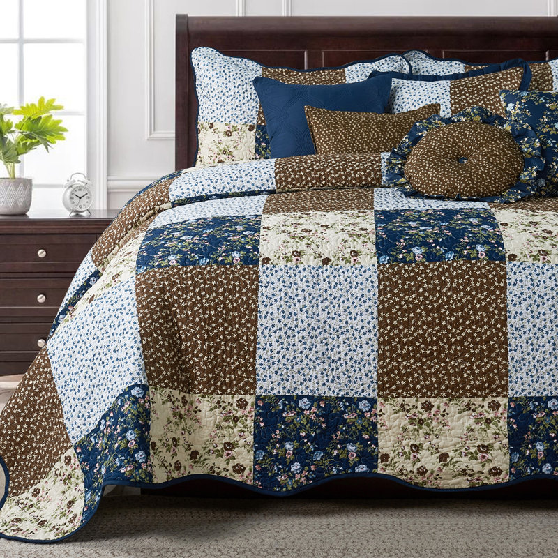 8 Piece Patchwork Bedspread Set, Queen Quilt + 4 Shams + 3 Throw Pillows, Dark Blue