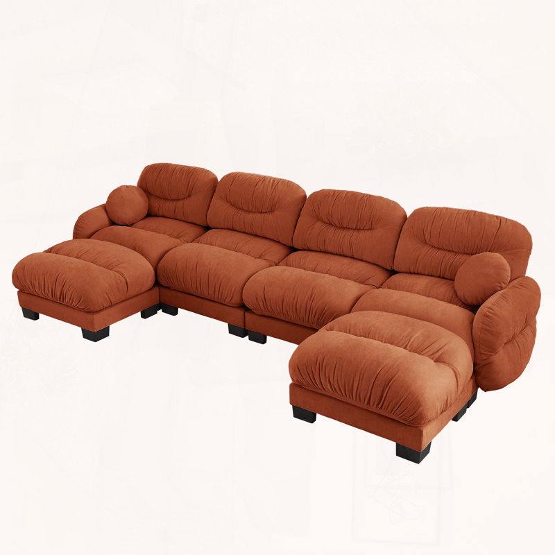 Canapé modulaire en U plissé en chenille 4 places avec 2 repose-pieds, siège ergonomique en mousse, Orange
