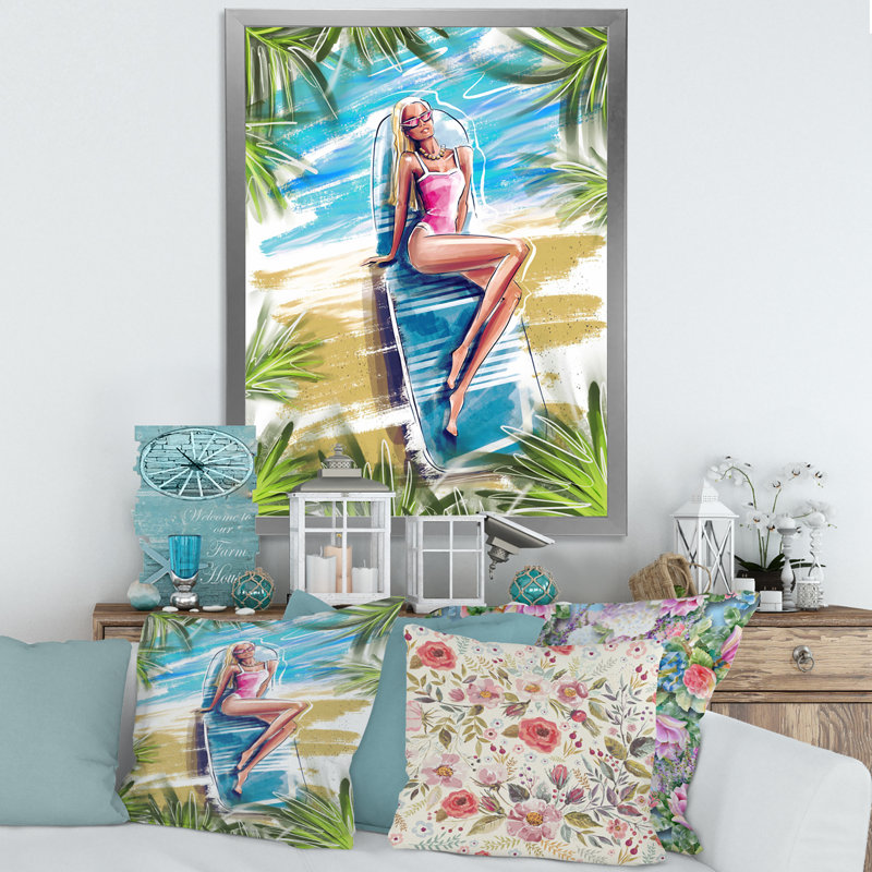 «Beautiful Blond Model at the Beach Sunbathing - Floater Frame, peinture sur toile», Toile avec cadre argenté