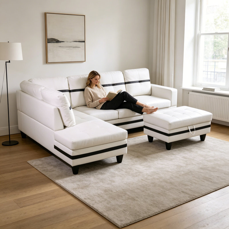 Rilan 103.5'' Faux Leather Sofa & Chaise, White Faux Leather, Right Hand Facing