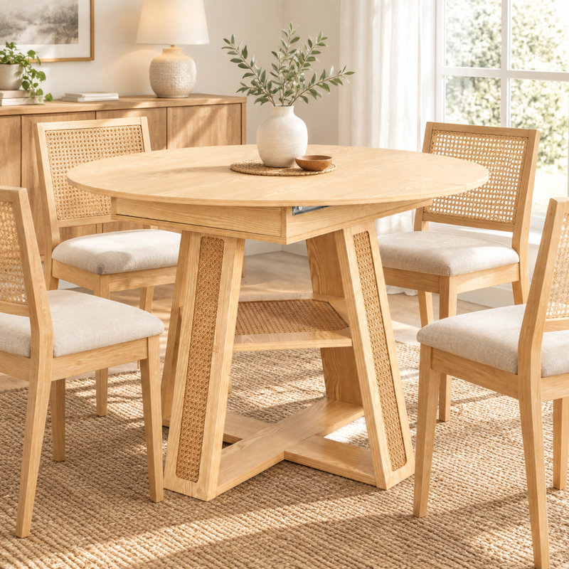 Extendable Round To Oval Dining Table With Removable Leaf And Storage Shelf