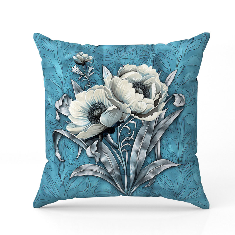 Coussin Peony, H 16 po x l 16 po, Bleu clair / crème