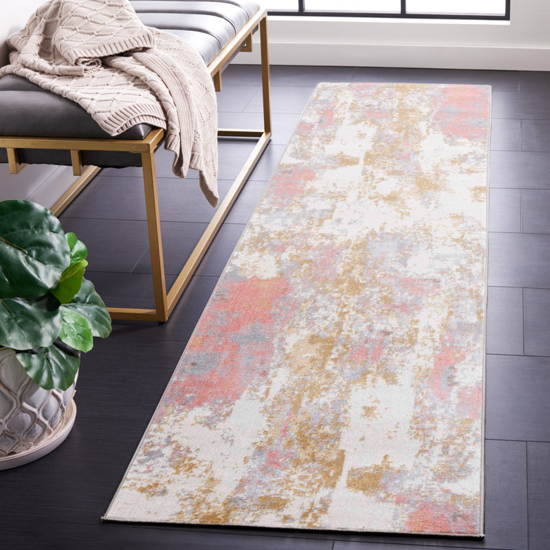 Tapis en polyester tissé à plat à la main à motif abstrait en ivoire / gris / rose Braidy, Tapis de couloir 2 pi 2 po x 10 pi