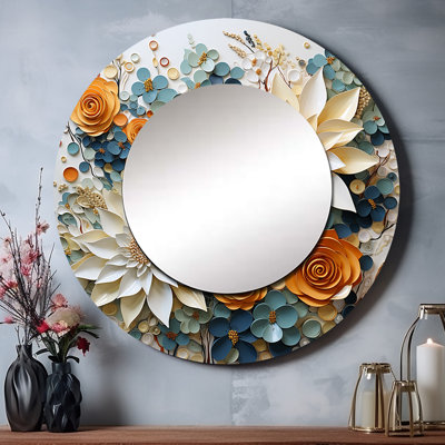 White Succulents Flowers Serene Succulents - Succulent Decorative Wall Mirror, White Round Mirror, Printed Metal Art