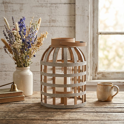 Rustic Farmhouse Wood Lantern Candle Holder, Lantern Style Candle Holder for Tabletop, Floor, Patio, Living Room, and Entryway