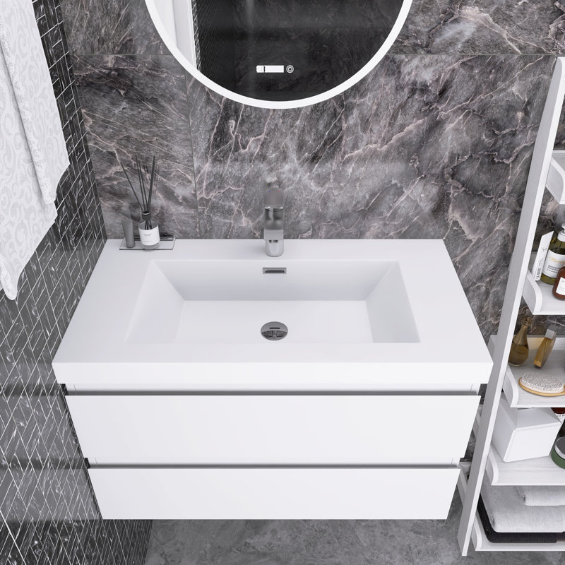 Meuble-lavabo mural 36 po avec lavabo en céramique, Blanc