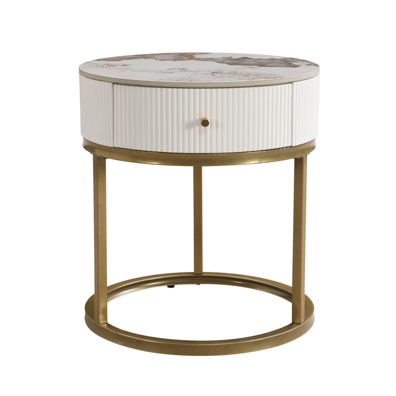 Table d'appoint ronde avec tiroir, Doré, Blanc