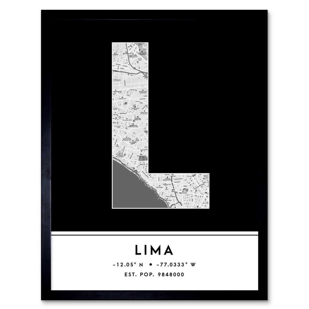 Lima City Map Lima Black & White by Wee Blue Coo - Single Picture Frame Typography