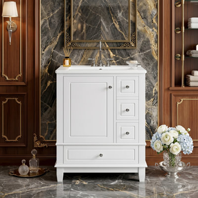 24 Inch Bathroom Vanity with Sink and Drawers, White Freestanding Vanity Cabinet with Ceramic Top & Storage Shelves, MDF Solid Wood Base Modern Sink Cabinet for Small Bathrooms