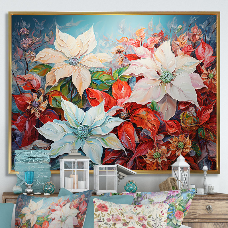 «Poinsettias White and Red Blossom - Flower Field», reproduction d'art sur toile, Cadre flottant doré