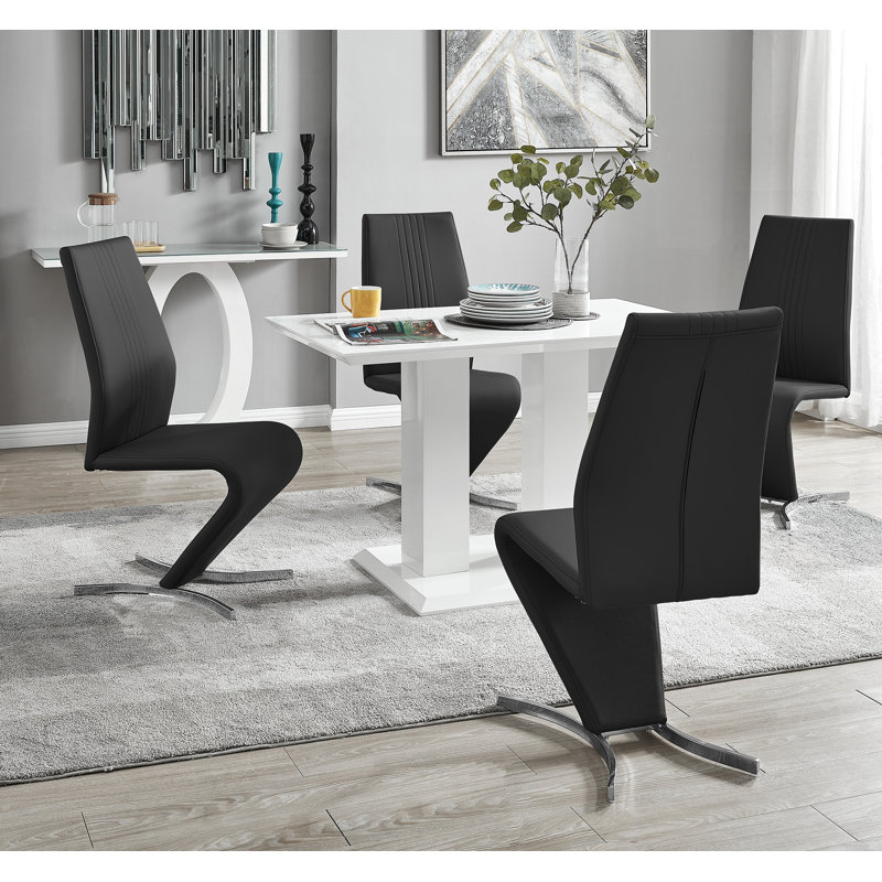 Eubanks High Gloss Double Pillar Dining Table Set with 4 Luxury Faux Leather Dining Chairs, Black