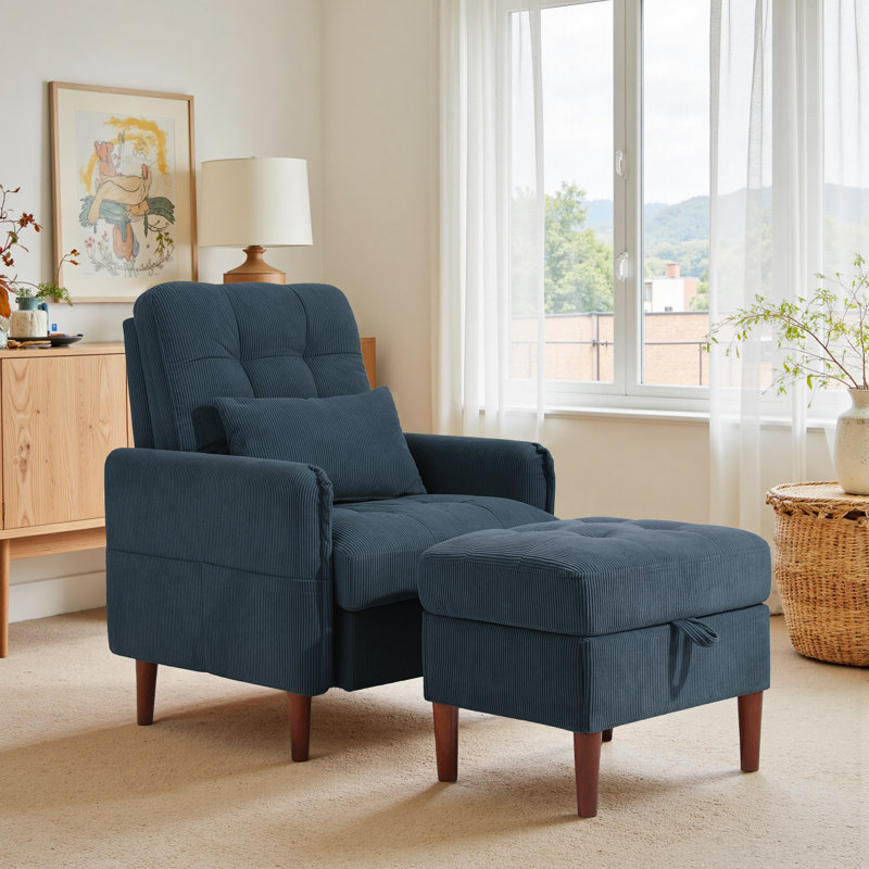 Upholstered Corduroy Accent Chair With Footstool, Navy