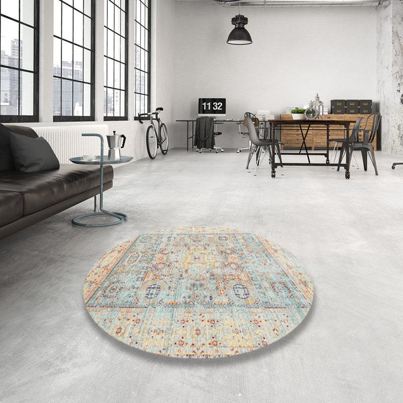 Tapis bleu / gris en laine Kachazun, Rond 7 pi