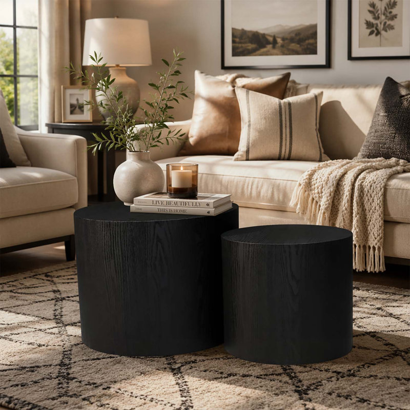 Ensemble de 2 tables basses gigognes, conception ronde moderne avec pieds antidérapants, parfait pour les petits espaces et les pièces multiples, aucun assemblage requis, finition noir mat