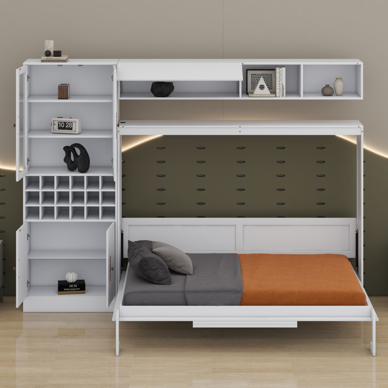 Lit escamotable mural avec canapé, tablettes USB et lumière Murphy, Blanc