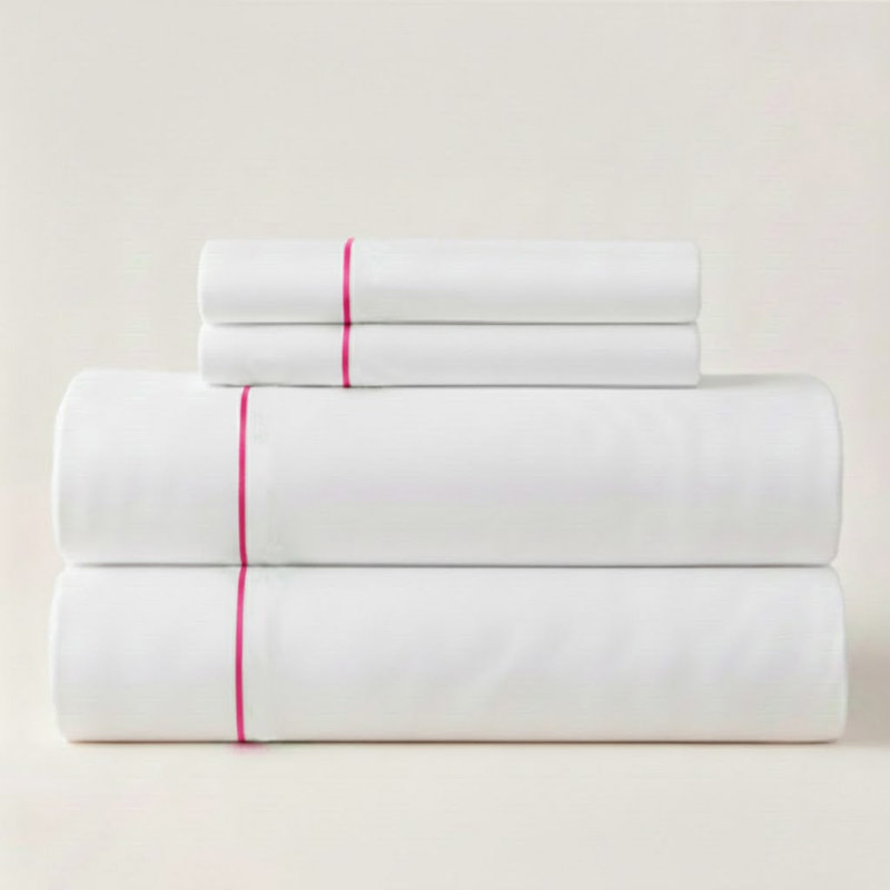 400TC Single Embroidery Sateen Solid Cotton 4 Piece Sheet Set Fitted Sheet Fits Upto 16" Deep Pocket, White/Hot Pink