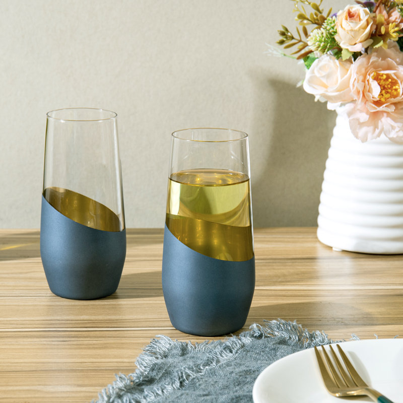 Blue Gold Champagne Flutes Drinking Wine Glasses
