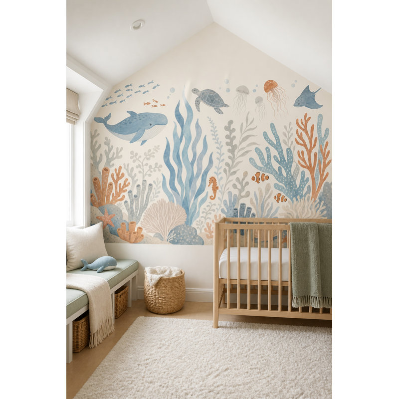 Murale de baleines sous-marines, 140 po x 108 po, Peler et coller