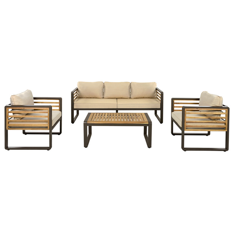 Large Size 4-Piece Outdoor Furniture Sofa For 5 Person Conversation Set, Garden Sofa Set With Removable Cushion, Brown Metal And Wood Frame, Acacia Wood Tabletop, Brown