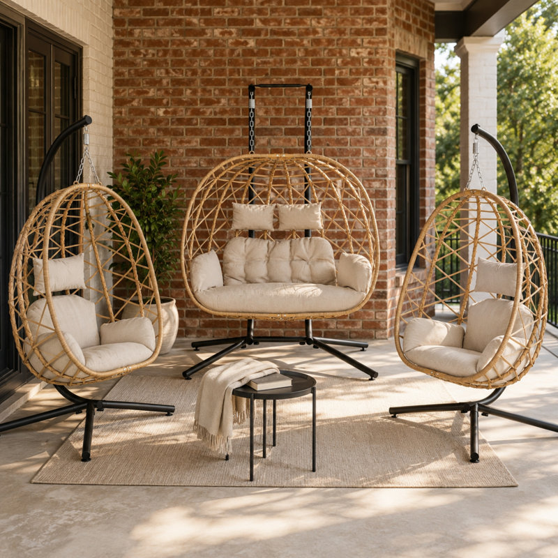 Ensemble de balançoire d'extérieur en osier 3 pièces avec coussins pour patio et cour arrière Lushcanopy, Crème