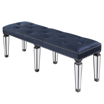 Dark Navy Velvet Bench With Mirrored Leg Inlays For Bedroom Delight And Allure Magnetism