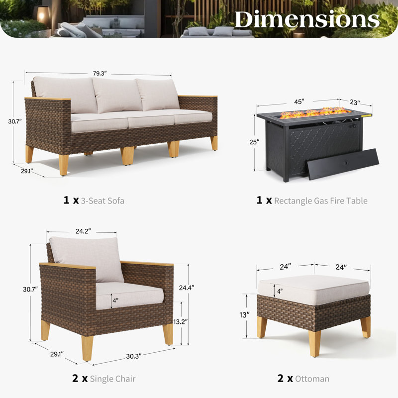 Ensemble de conversation d'extérieur en osier avec foyer pour 7 personnes Phenice, Beige