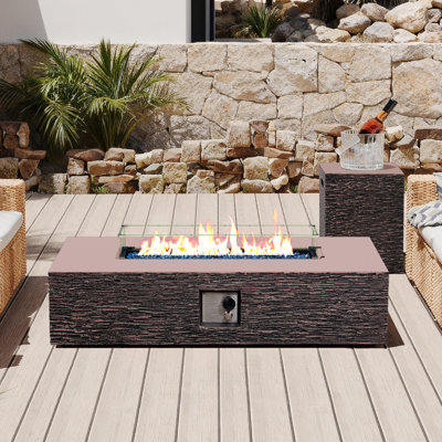 50,000 BTU 56 in. Rectangular Concrete Propane Fire Pit Table with Tank Cover and Glass Wind Guard in Brown