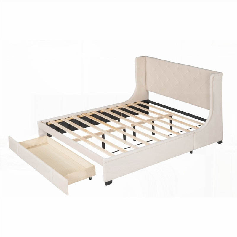 Grand lit de rangement avec tête de lit à oreilles et grand tiroir (robuste et sans sommier), Beige