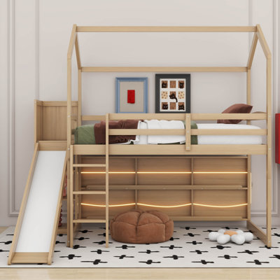 Twin Size Wood House Loft bed with Slide, Storage shelves and Light by Cosmic
