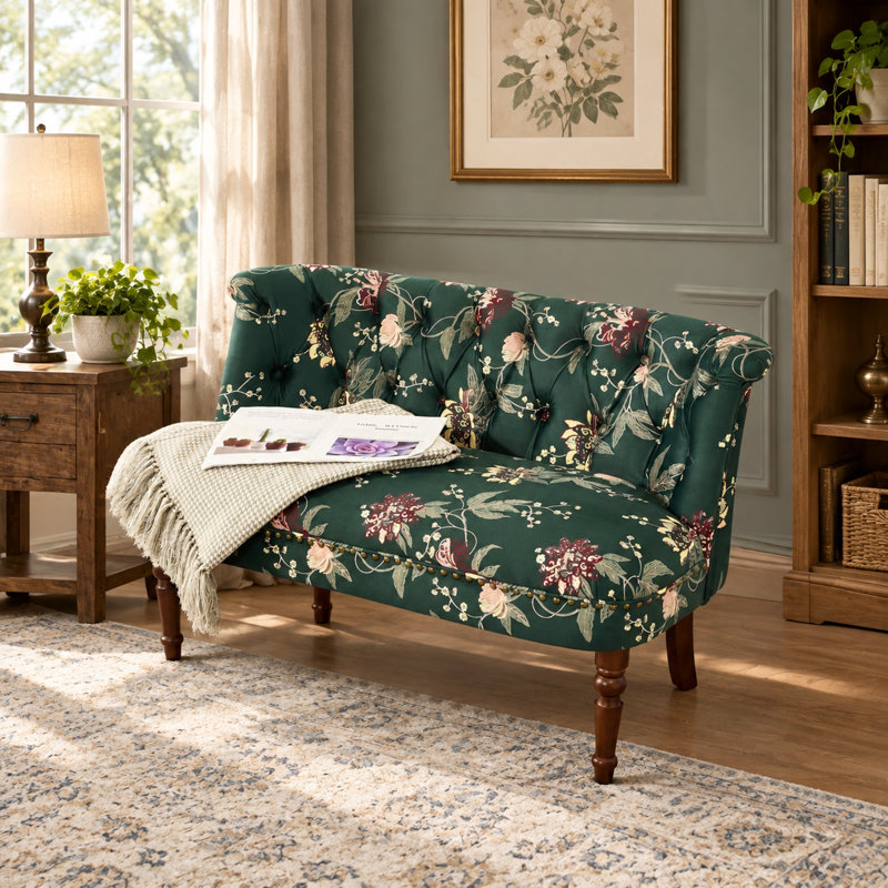 Banc d'appoint capitonné à motif floral européen, Green