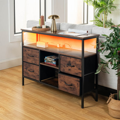 Console avec 4 tiroirs, table de canapé pour le salon, table d'entrée avec 2 prises et 2 ports USB (brun rustique et noir)