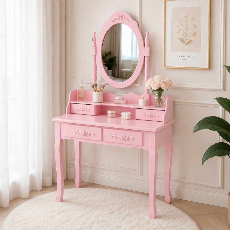 Ensemble de coiffeuse princesse avec miroir DEL et 4 tiroirs, Ordinary Rotating Mirror, Rose