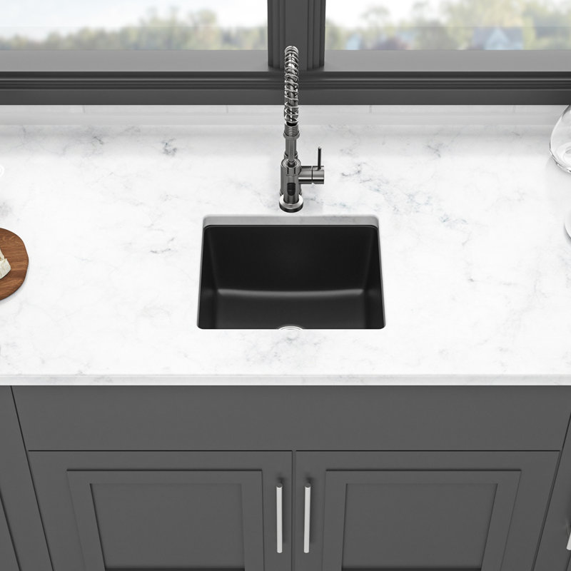 Black Quartz Undermount Kitchen Sink 17.32"X16.07" - Advanced Composite For A Stable Sink, Eliminates Noise And Dirt, Non Porous Cleaner Surfaces, Rounded Design, Comes With Guide Bottom Grid Granite
