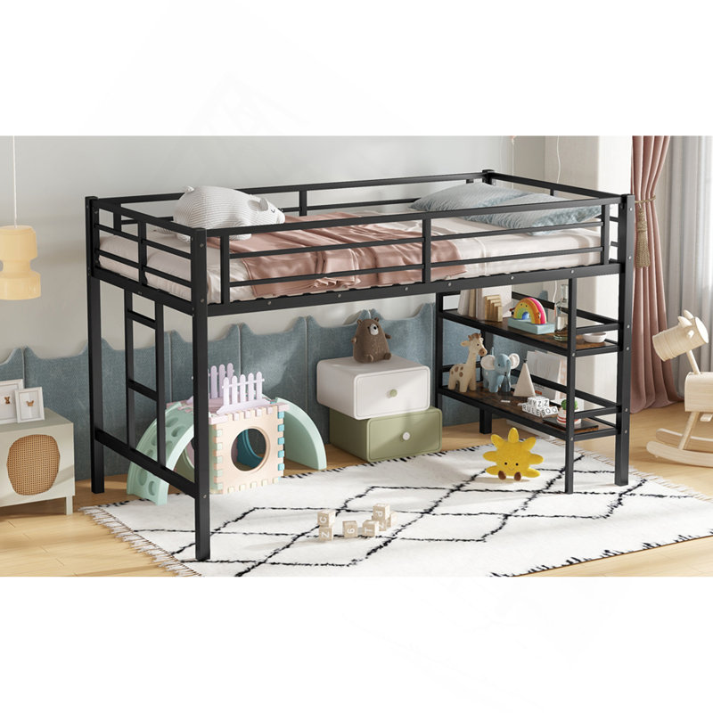 Lit mezzanine simple en métal avec tablette de rangement, lit mezzanine avec échelle facile à monter et garde-corps pour enfants, noir