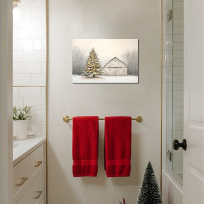 Art mural arbre de Noël - décoration murale de photos de ferme d'hiver, impressions d'art de Noël rétro pour le salon, peintures de Noël pour le mur, art mural sur toile tendue,