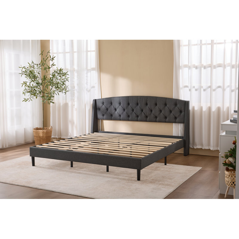 Upholstered Platform Bed With Wingback Headboard，Wood & Metal Frame, Underbed Storage, Gray, Full