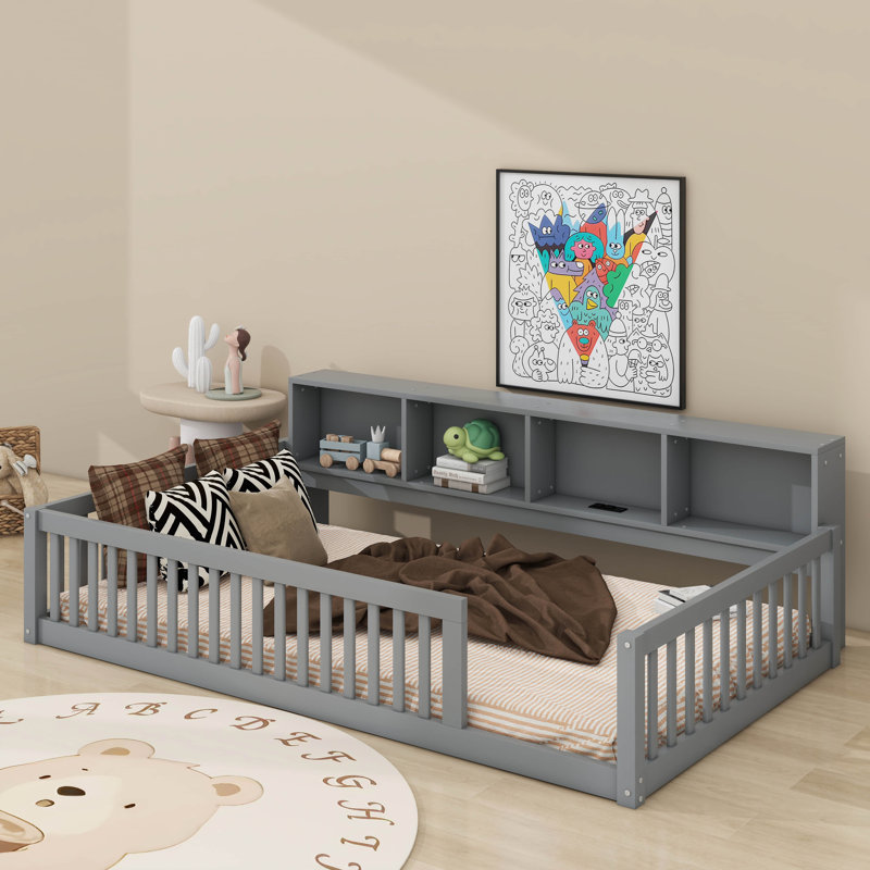 Lit simple TG avec armoires et ports USB, Gris