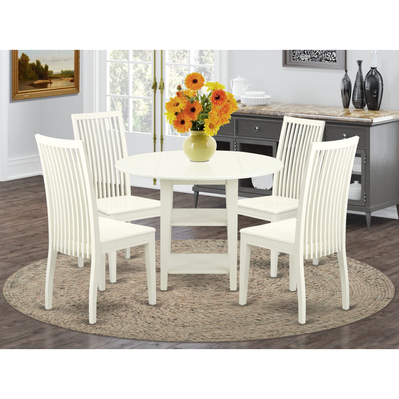 5 Piece Dinette Set for 4 Includes a Round Dining Table with Dropleaf & Shelves and 4 Dining Room Chairs, Linen White
